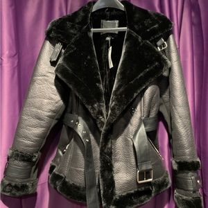 River Island Black Aviator Faux Fur Leather Moto Jacket US SIZE 8